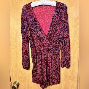 Honey Punch burgundy and blue paisley velvet size medium romper
